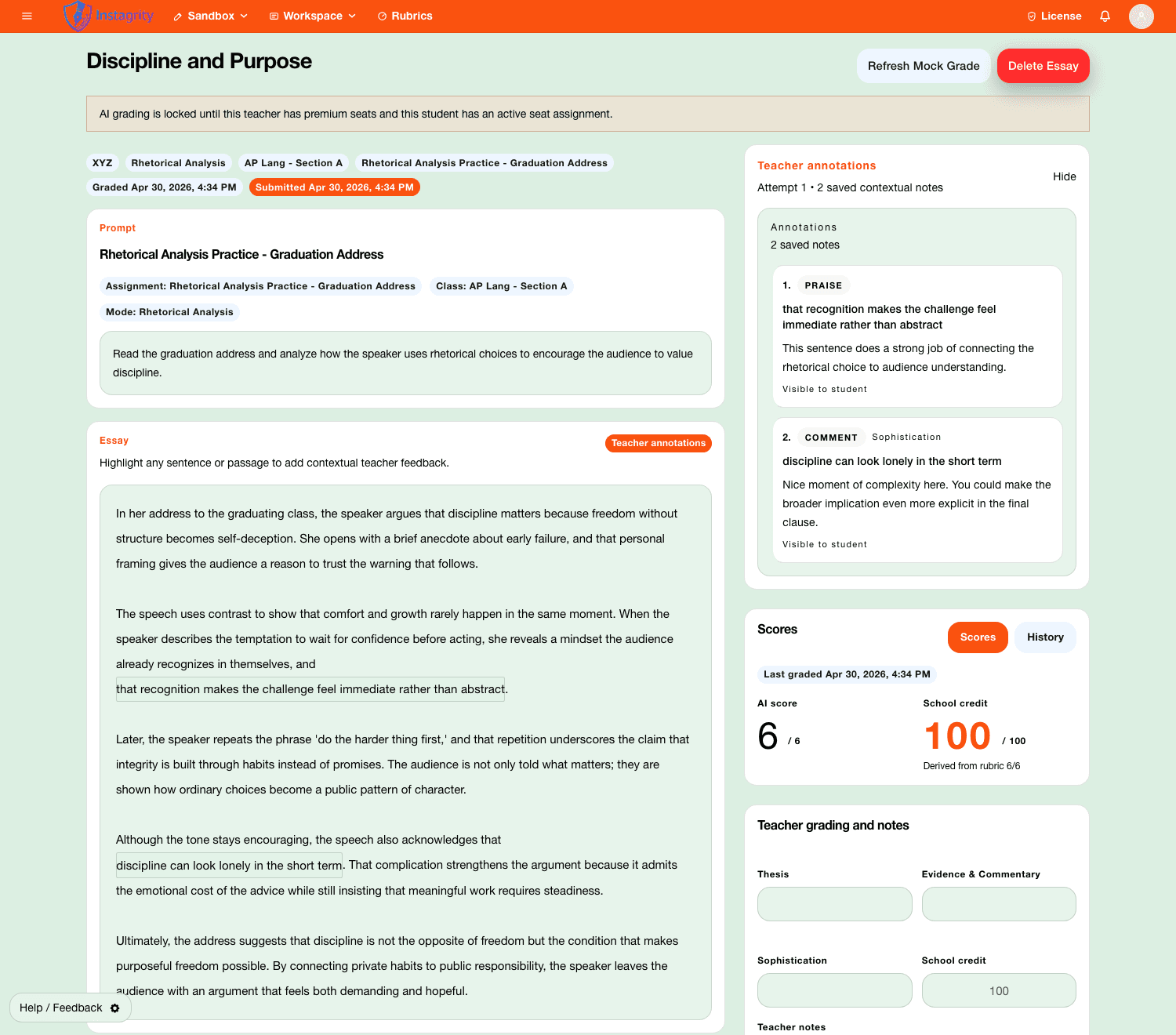 Instagrity essay review and annotation screen with demo data